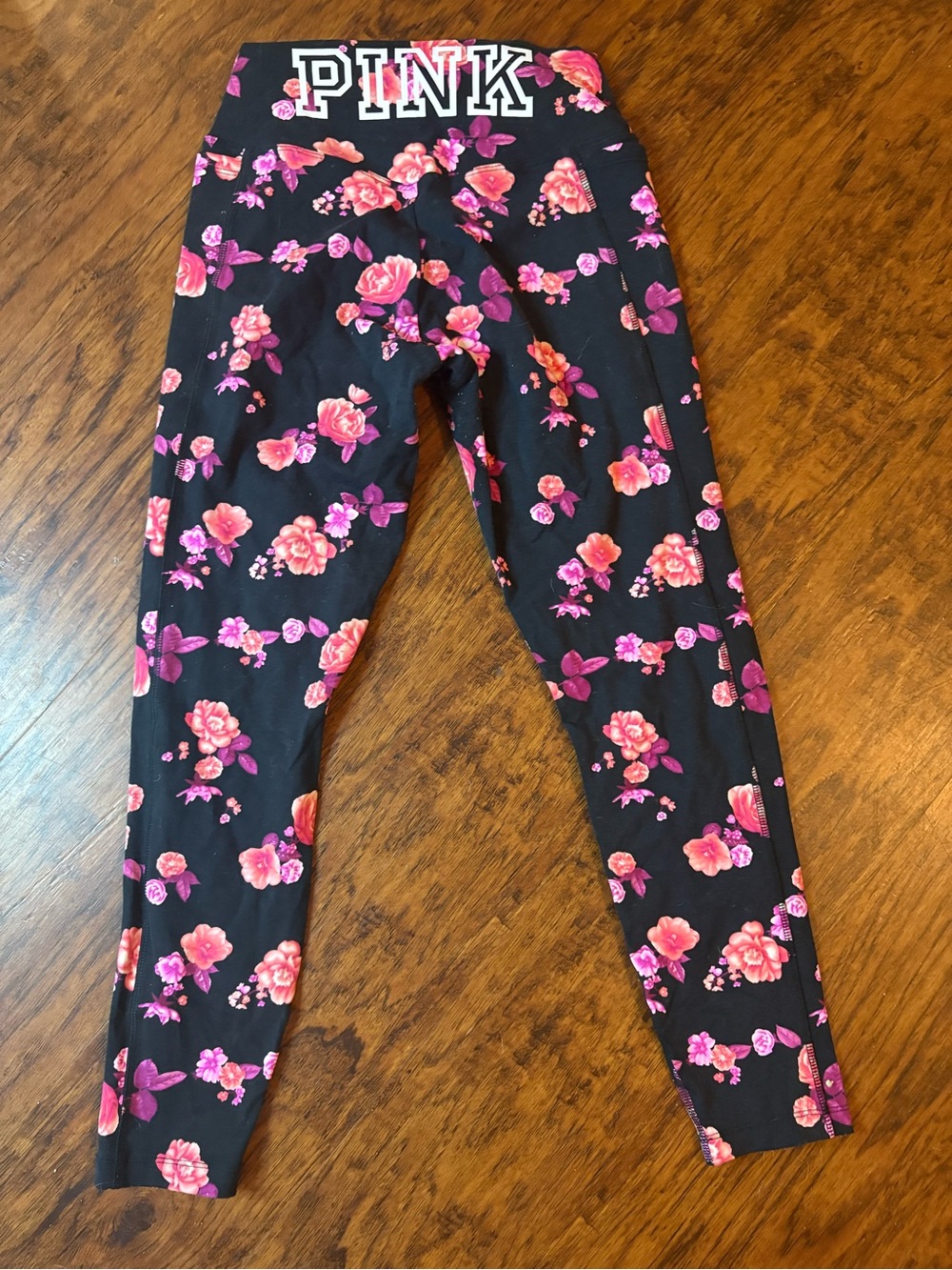 PINK Victoria's Secret Black Leggings with Pink Floral Print